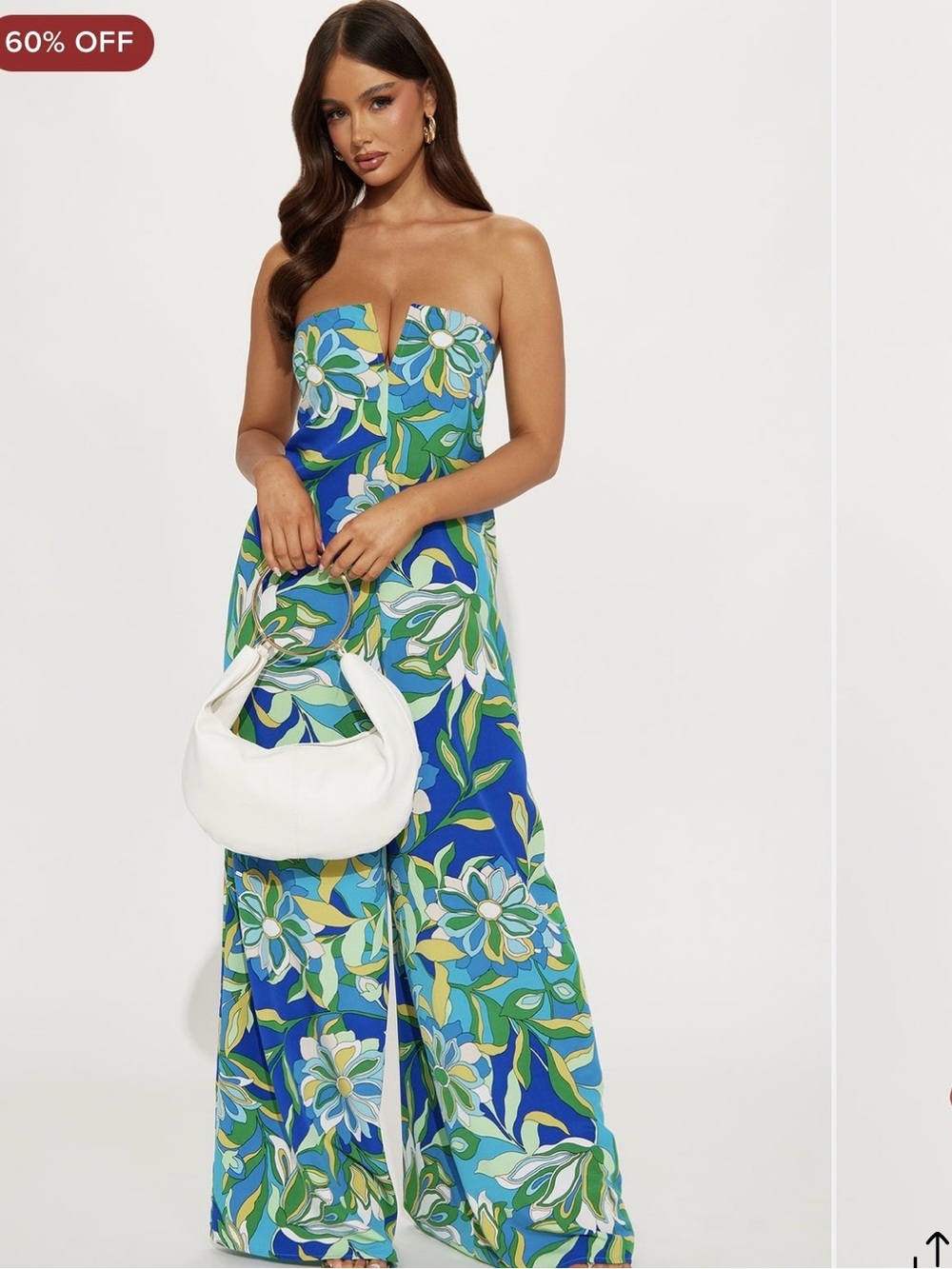 Fashion Nova Strapless Floral Wide-Leg Jumpsuit — Blue & Green